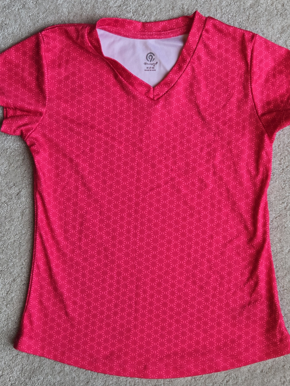 Champion Kids Short Sleeve V-Neck Tee in Bright Pink with Subtle Geo Print